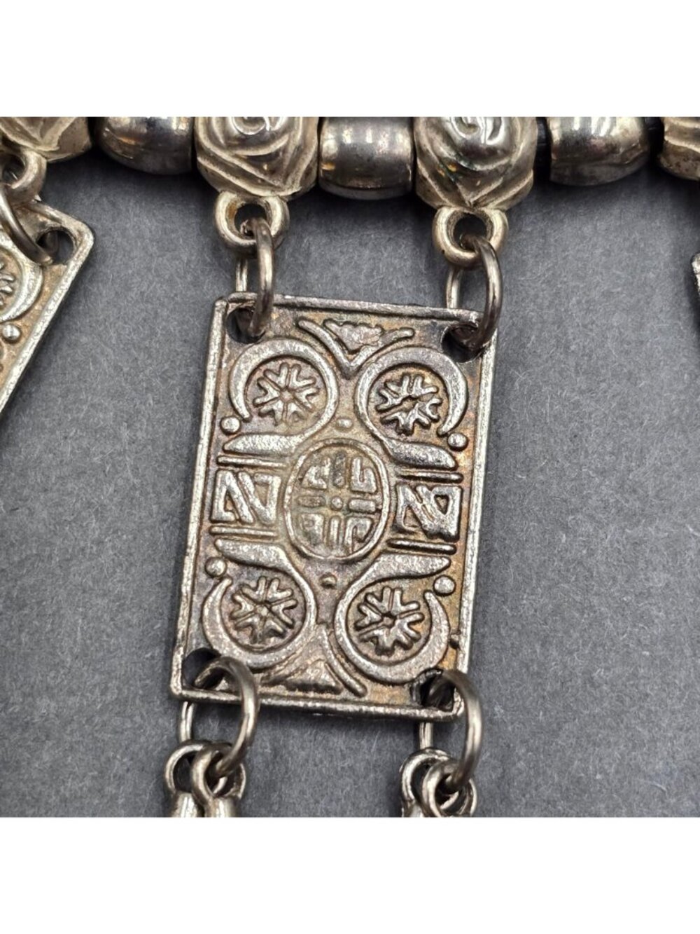 Vintage Tribal Panel Fringe Necklace Silver Tone Leather Cord Boho Statement - Picture 12 of 16